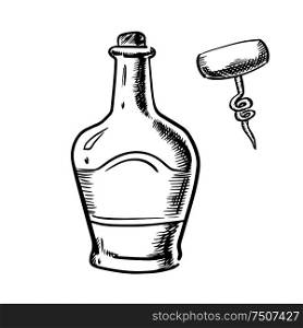 Whiskey in traditional bottle with cork, broad shoulders and corkscrew with wooden handle isolated on white background, sketch style. Sketch of whiskey with corkscrew
