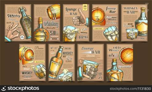 Whiskey Lounge Bar Advertising Posters Set Vector. Collection Of Different Creative Banners With Whiskey Bottle, Alcohol Drink And Ice Cubes Glass, Wooden Barrel And Man Hand Gesture Illustrations. Whiskey Lounge Bar Advertising Posters Set Vector