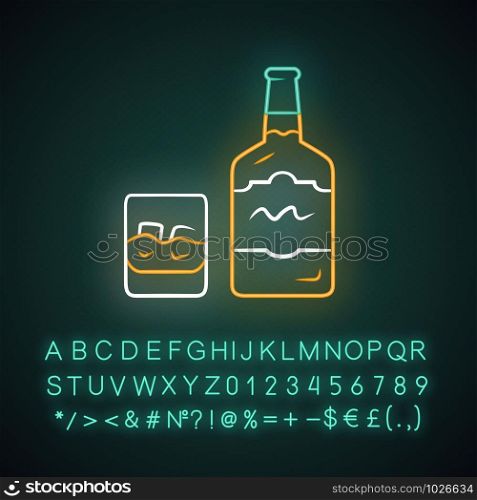 Whiskey neon light icon. Bottle and old fashioned glass with drink and ice. Scotch, rum shot. Brandy, bourbon. Glowing sign with alphabet, numbers and symbols. Vector isolated illustration