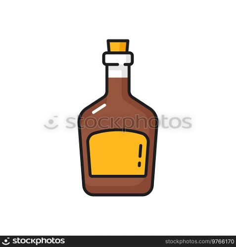 Whiskey or scotch, rum pirate drink in bottle isolated color outline icon. Vector seafarer corsair bourbon wine in glass bottle with cork. Western cognac, bottle of rum spirit alcoholic drink. Pirate alcohol drink western whiskey bottle of rum