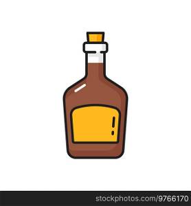Whiskey or scotch, rum pirate drink in bottle isolated color outline icon. Vector seafarer corsair bourbon wine in glass bottle with cork. Western cognac, bottle of rum spirit alcoholic drink. Pirate alcohol drink western whiskey bottle of rum
