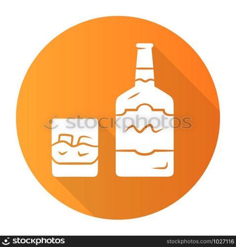 Whiskey orange flat design long shadow glyph icon. Bottle and old fashioned glass with drink, ice. Scotch, rum shot. Alcoholic beverage for cocktails. Brandy, bourbon. Vector silhouette illustration