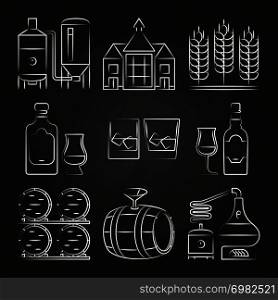 Whiskey process and icons on chalkboard. Distillery whiskey, vector illustration. Whiskey process and icons on chalkboard