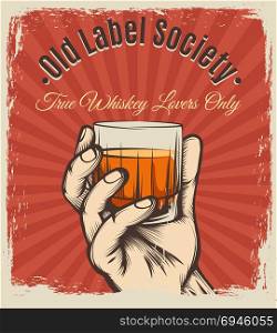 Whiskey vintage poster. Whiskey vintage poster. Retro vector scotch drink booze party drawing placard
