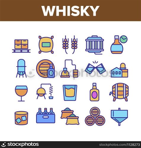 Whisky Alcoholic Drink Collection Icons Set Vector Thin Line. Bottle And Wooden Barrel Whisky, Wheat And Glass With Alcohol Beverage Concept Linear Pictograms. Monochrome Contour Illustrations. Whisky Alcoholic Drink Collection Icons Set Vector
