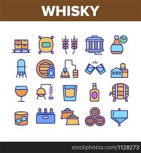 Whisky Alcoholic Drink Collection Icons Set Vector Thin Line. Bottle And Wooden Barrel Whisky, Wheat And Glass With Alcohol Beverage Concept Linear Pictograms. Monochrome Contour Illustrations. Whisky Alcoholic Drink Collection Icons Set Vector