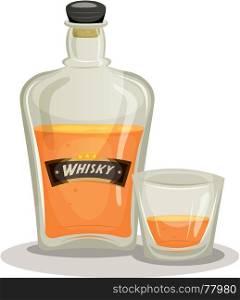 Whisky Bottle And Glass. Illustration of a cartoon whisky bottle and glass for alcohol and beverage backgrounds