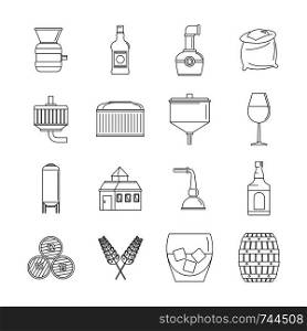 Whisky bottle glass icons set. Outline illustration of 16 whisky bottle glass vector icons for web. Whisky bottle glass icons set, outline style