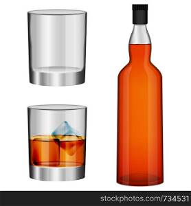 Whisky bottle glass imockup set. Realistic illustration of 3 whisky bottle glass vector mockups for web. Whisky bottle glass mockup set, realistic style