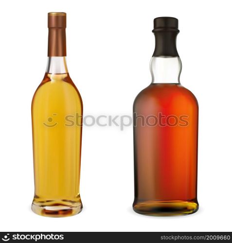Whisky bottle mockup. Whiskey alcohol package blank. Brown gold glass scotch or bourbon beverage jar design for sticker advertising. Realistic rum bottle, kentucky whisky brand. Whisky bottle mockup. Whiskey alcohol package blank