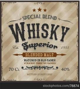 Whisky Label For Bottle. Illustration of a vintage design whisky label, with western fonts, specific product mentions, textures, celtic patterns, on background