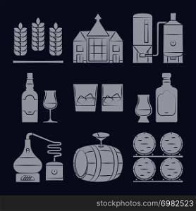 Whisky silhouette icons collection on blue. Whisky drink production icon, vector illustration. Whisky silhouette icons collection on blue