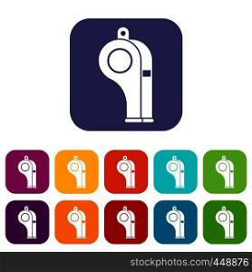 Whistle icons set vector illustration in flat style In colors red, blue, green and other. Whistle icons set flat