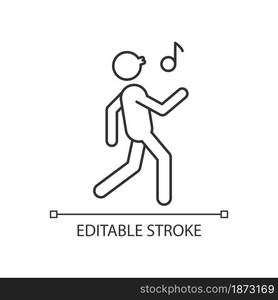 Whistle linear icon. Bad habit. Person walking and whistling. Habitual patterns of human behavior. Thin line customizable illustration. Contour symbol. Vector isolated outline drawing. Editable stroke. Whistle linear icon