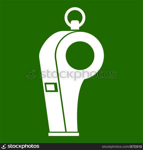 Whistle of refere icon white isolated on green background. Vector illustration. Whistle of refere icon green