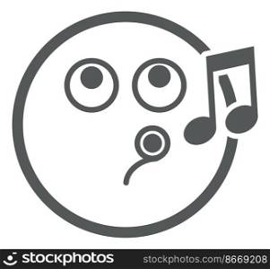 Whistling face. Round line emoji with music note isolated on white background. Whistling face. Round line emoji with music note