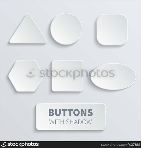 White 3d blank square and rounded button vector set. Button banner round, badge interface for application illustration. White 3d blank square and rounded button vector set