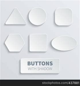 White 3d blank square and rounded button vector set. Button banner round, badge interface for application illustration. White 3d blank square and rounded button vector set