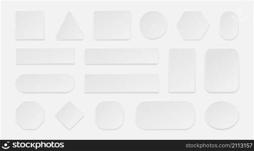 White 3D button. Realistic square rectangular and round empty web button mockup, grey tag and bar graphic. Vector plastic shape and sticker set elements realistic buttons technology. White 3D button. Realistic square rectangular and round empty web button mockup, grey tag and bar graphic. Vector plastic shape and sticker set