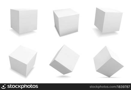 White 3D cubes. Realistic square shapes. Isolated abstract geometric blank figures set with shadow. View from different sides on empty box packaging template. Vector cubic minimal forms collection. White 3D cubes. Realistic square shapes. Isolated abstract geometric blank figures set with shadow. View from different sides on box packaging template. Vector cubic forms collection