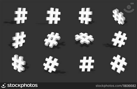 White 3d hashtag icon illustration with different views and angles