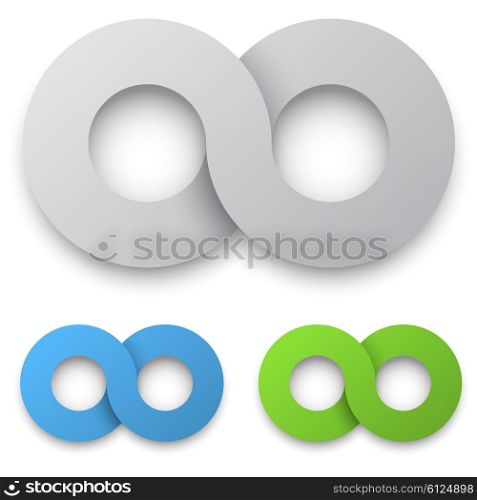 White 3D infinity sign with color variants isolated on white background.