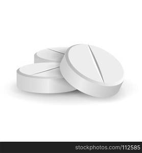 White 3D Medical Pills Vector Illustration. White 3D Medical Pills Or Drugs Vector Illustration. Tablets Set In Different Positions Isolated On White Background. Vitamin And Painkiller