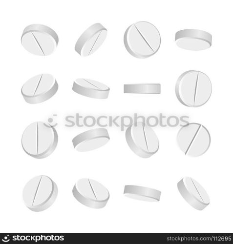 White 3D Medical Pills. White 3D Medical Pills Or Drugs Vector Illustration. Tablets Set In Different Positions Isolated On White Background. Vitamin And Painkiller