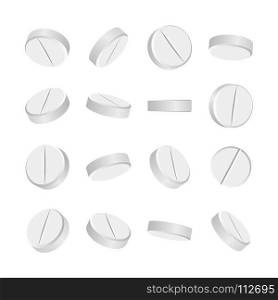 White 3D Medical Pills. White 3D Medical Pills Or Drugs Vector Illustration. Tablets Set In Different Positions Isolated On White Background. Vitamin And Painkiller