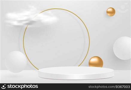 White 3d pedestal background with Golden Glass Ring Frame, realistic clouds. Trendy empty podium display for cosmetic product presentation, fashion magazine. Copy space vector illustration.. White 3d pedestal background with Golden Glass Ring Frame, realistic clouds. Trendy empty podium display for cosmetic product presentation, fashion magazine. Copy space vector illustration
