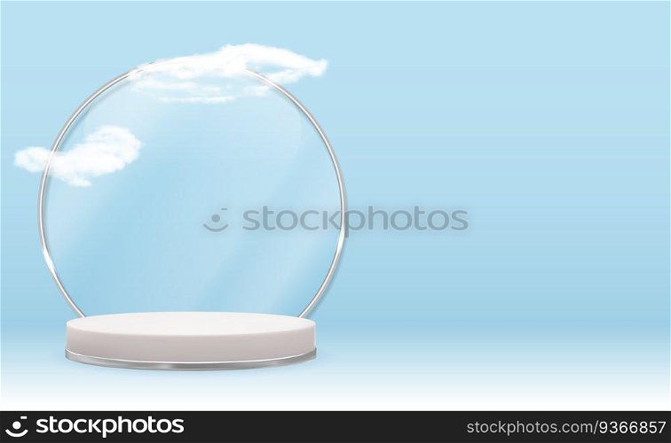 White 3d pedestal background with Silver Glass Ring Frame, realistic clouds. Trendy empty podium display for cosmetic product presentation, fashion magazine. Copy space vector illustration EPS10. White 3d pedestal background with Silver Glass Ring Frame, realistic clouds. Trendy empty podium display for cosmetic product presentation, fashion magazine. Copy space vector illustration