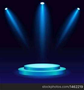 White 3d round podium with light and lamp. Winner stand with spotlights. Empty pedestal platform for award. Podium, stage pedestal or platform illuminated by light on isolated background. vector eps10. White 3d round podium with light and lamp. Winner stand with spotlights. Empty pedestal platform for award. Podium, stage pedestal or platform illuminated by light on isolated background. vector