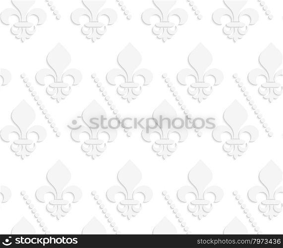 White 3D solid Fleur-de-lis with dots.Seamless geometric background. Modern monochrome 3D texture. Pattern with realistic shadow and cut out of paper effect.