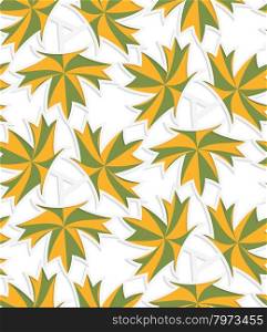 White 3D with colors green and yellow maple leaves.Abstract geometrical background. Pattern with cut out paper effect and realistic shadows.