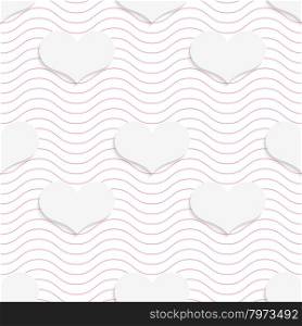 White 3D with colors hearts on pink waves.Abstract geometrical background. Pattern with cut out paper effect and realistic shadows.