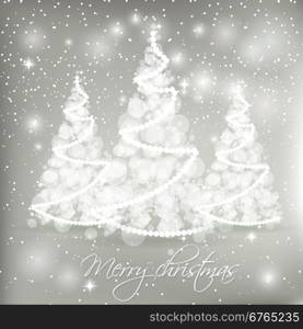 White abstract Christmas trees on grey background with lights and snowflakes. Vector illustration for poster, web, greeting card.