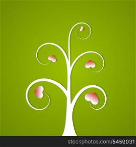 White abstract tree with hearts on a green background