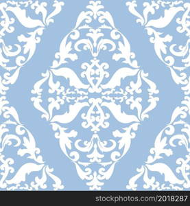 White abstract vintage pattern on blue background. Modern arabic pattern. Seamless background with damask ornament. Background, wallpaper, wrapping, textile template.. White abstract vintage pattern on blue background.