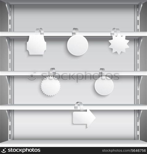 White advertising sale wobblers hanging on supermarket shelves vector illustration