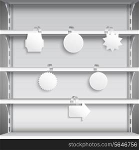 White advertising sale wobblers hanging on supermarket shelves vector illustration