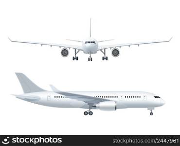 White airplane icon set on a white background in profile and from the front isolated vector illustration. Airplane Realistic Icons Set