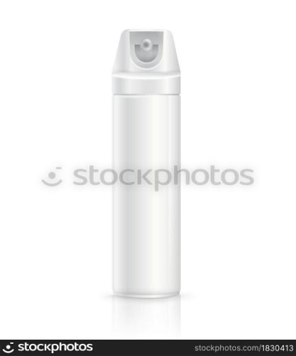 White aluminum mosquito repellent spray template. Cosmetics bottle can spray, deodorant, spray paint isolated on white background. Realistic file.