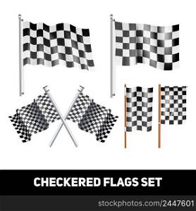 White and black checkered flags on shaft and pole realistic color decorative icon set isolated vector illustration . Checkered Flags Decorative Icon Set