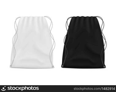 White and black drawstring bags mockup. School backpack for packing clothes. Canvas pouch, knapsack with rope for print. Textile gray pack template. Handbag with string on isolated background. vector. White and black drawstring bags mockup. School backpack for packing clothes. Canvas pouch, knapsack with rope for print. Textile gray pack template. Handbag with string on isolated background. vector.