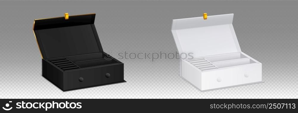 White and black magnet box for jewelry storage. Vector realistic mockup of 3d open blank jewel case organizer with magnetic lock and gold ribbon isolated on transparent background. White and black magnet box for jewelry storage
