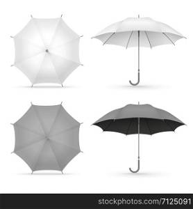 White and black realistic umbrellas isolated on white background. Illustration of umbrella protection, realistic accessory for safety water. White and black realistic umbrellas isolated on white background