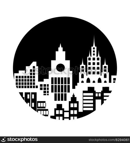 White and black silhouette of the city on a black background