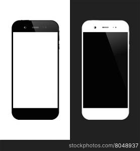 White and black smartphones. Cellphone isolated. Mobile phone vector illustration. White black smartphones