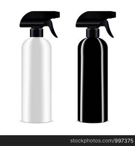 White and Black sprayer bottle with black dispenser cap. Isolated container design with pump for liquid, water, oil, tonic and other cosmetic products. Vector mockup illustration.. Sprayer bottle dispenser cap. Isolated container