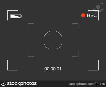 White and black viewfinder camera recording. Modern camera focusing screen. Vector illustration. Black and white slr digital camera viewfinder. Camera back and focus frame view. Modern focusing screen. Vector illustration